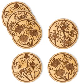 FELISTEYA Wooden Coasters Set of 6 Round Coasters for Drinks 10cm Nature-Inspired Cup Coasters with Flowers and Butterflies Drink Coasters for Home Decor Gift Flower Coasters Wooden Art Coasters