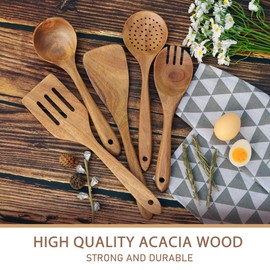 Wooden Spoons for cooking, 5 piece Wooden utensil sets- Wooden spoons set for non-stick pans and cookware - Acacia wood - Strong, Lightweight and Durable