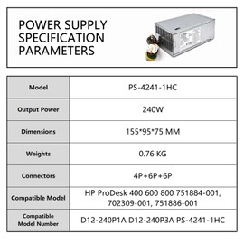 Lrker 240W Power Supply Compatible with HP ProDesk 400 600 800 G1 G2 SFF, PS-4241-1HA 702307-001 702455-001, P/N: 751884-001, 702309-001, 751886-001