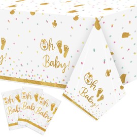 BkeeCten Baby Shower Baptism Tablecloths - 3 Packs Gold & White Baby First Communion Party Tablecloths Decoration Colorful Dots Disposable Plastic Waterproof Rectangle Baby Shower Table Cover