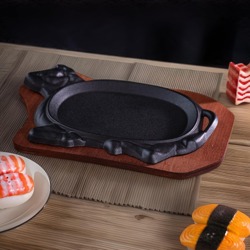 Cast Iron Steak Plate Sizzle Griddle With Wooden Base Steak