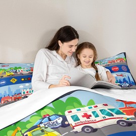 Rescue Vehicles Kids Comforter Set Full Size,Fire Fighting Truck Police Car Ambulance Bedding Set,Boys Girls Adults Room Decor,Aircraft Cartoon Down Comforter,Colorful Duvet Insert,2 Pillowcases