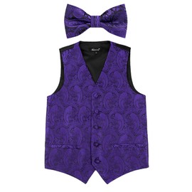 Alizeal Boys Waistcoat and Bow Tie Paisley Jacquard Classic Formal Suit Vest Set, Dark Purple-10