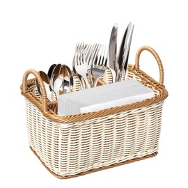HEMOTON Rattan Cutlery Holder Cutlery Basket Braided Table Butler Cutlery and Utensils with Handles and 4 Divider Compartments for Kitchen, Dining Room, Garden or Picnic