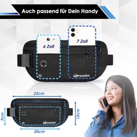 Flat Bum Bag for Travel, Sports, Jogging - Money Belt with Secret Compartment and RFID Protection Against Data Theft – Money Hideaway on Holiday – Belt Bag for Men and Women – Hip Bag Water Resistant and in Black Praxxim Flache Bauchtasche Black