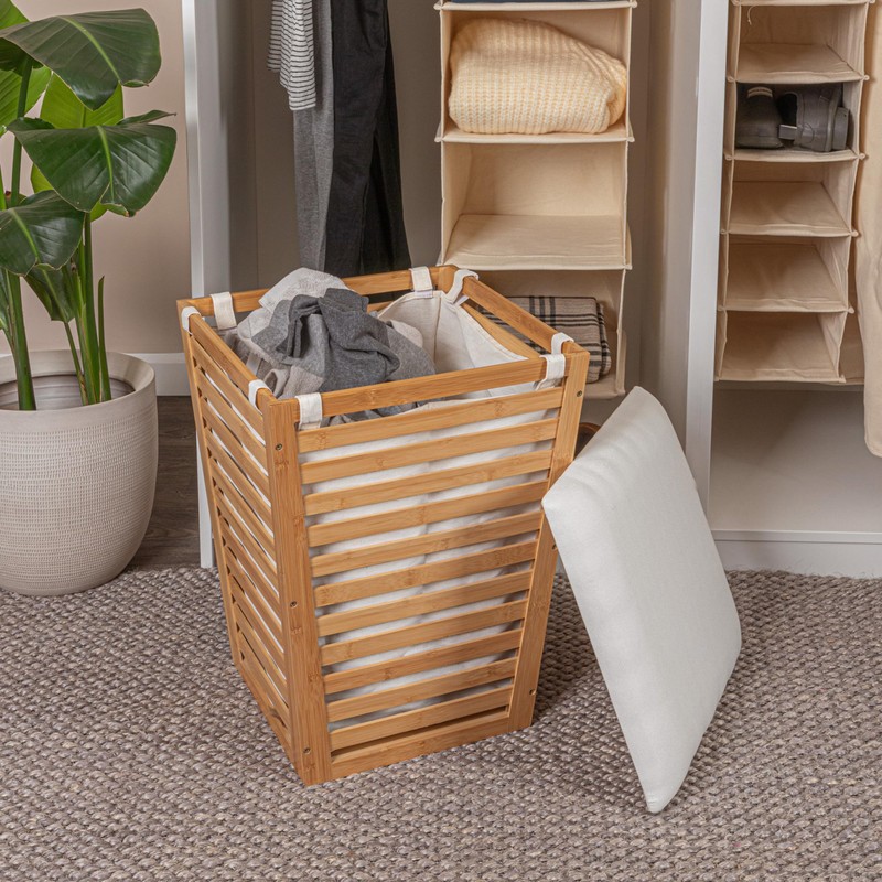 Household Essentials Slatted Natural Bamboo Hamper with Cushioned Lid and