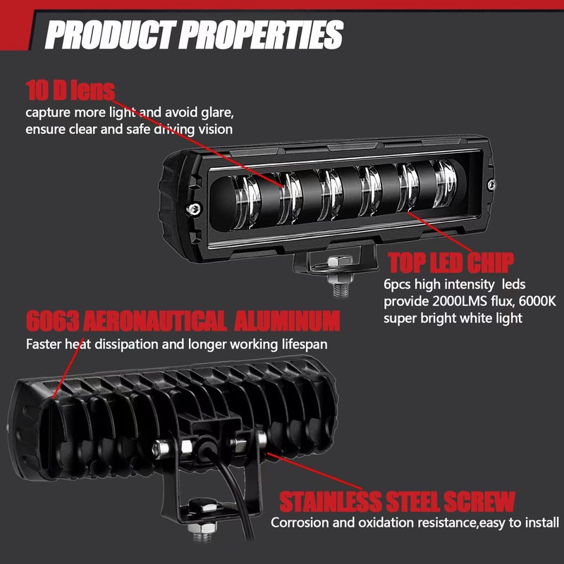 Adzoon 6 Inch LED Light Bar 2PCS 60W Single Rows