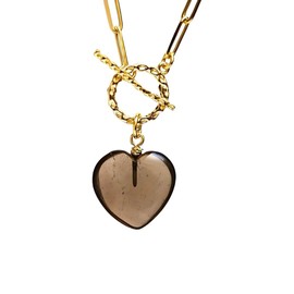 Gempires Smoky Quartz Heart Pendant Necklace for Women 20mm Natural Gemstone Gold Paperclip Chain Toggle Lock Dainty Layering Jewelry Gift for Mom Wife Girlfriend