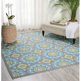 Nourison SND16 WAV01/Sun & Shade Boho Vibrant Indoor/Outdoor Aqua & Olive Area Rug 5'3" Square