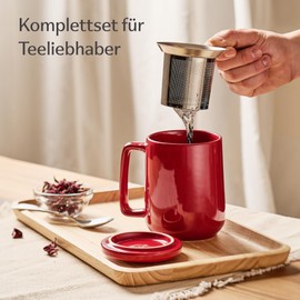 Tea cup with strainer and lid, ceramic red, keeps you warm for a long time, 500 ml, XXL, large, dishwasher safe