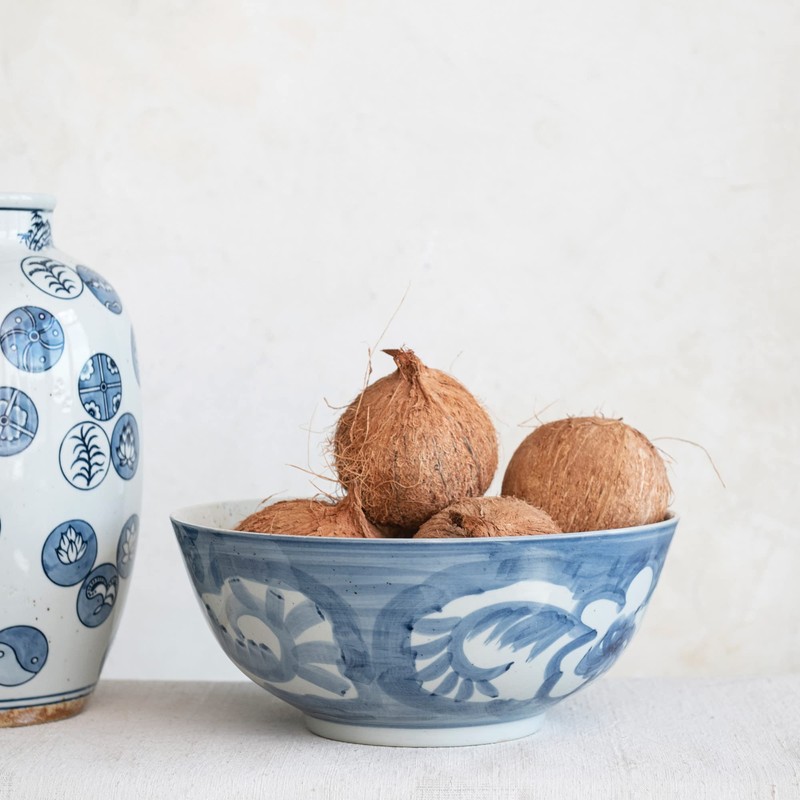 Creative Co-Op Hand Painted Stoneware Bowl with Floral Design, Blue