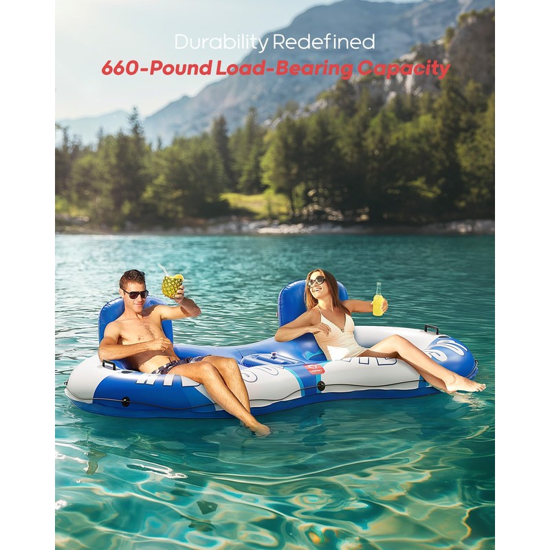 QPAU Inflatable Double River Tube, 2 Person 660lb Capacity, Puncture-Resistant