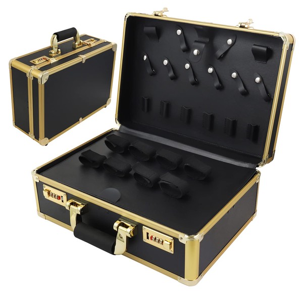 Kinglioncase Barber Case Clipper Bag Gold, Hair Kit Tool Box Aluminum Organizer with Portable Handle and Secure Numlock for Scissors, Clippers, Barber Supplies 15.7" x 12" x 6.1"