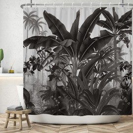 ASDCXZ Jungle Shower Curtain, 180 x 180 cm, Black Hand-Painted Tropical Plants Leaves Washable Bathroom Shower Curtains Polyester Textile Waterproof Shower Curtain for Bathtub with 12 Shower Curtain