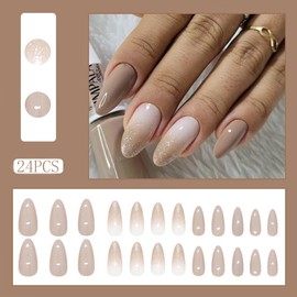 Medium Press on Nails Brown Almond Shaped Fake Nails Gradient Color Glue on Nails Natural Full Cover Glitter French Tip False Stick on Nails Gloss Acrylic Nails for Women Girls 24 Pcs