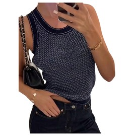 MakeMeChic Women's Crew Neck Sweater Vest Sleeveless Contrast Binding Vintage 90s Knit Top Blue Large