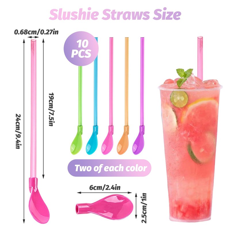 PEAPIN 10 Pieces Slush Straws, Colored Straw Spoon 2 in