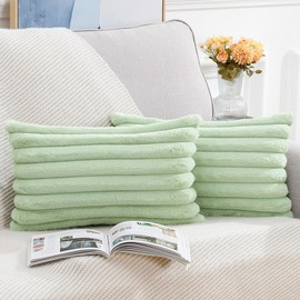 Madizz Set of 2 Faux Fur Plush Decorative Cushion Covers, Fluffy, Striped, Soft, Decorative Cushion Cover for Sofa, Bedroom, Cushion, Light Green, 30 x 50 cm