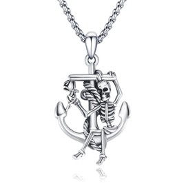 CRWENG Anchor Necklace 925 Sterling Silver Nautical Anchor Skull Necklace for Men Pirate Skull Anchor Pendant Gothic Punk Skeleton Necklace Men's Vintage Jewelry Gift