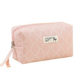 Gidary Makeup Bag Travel Cosmetic Bag, Toiletry Bag, Silk woven rhombuses Zipper Pouch Purse Storage Bag Cosmetics Organizer, Womens Make Up Bag Tote Pink