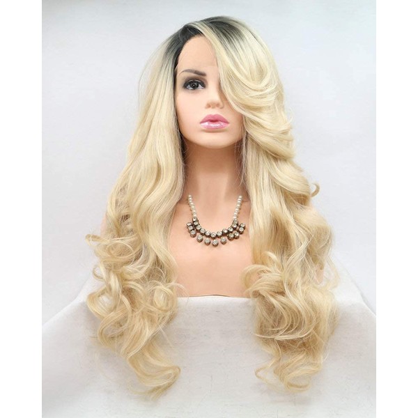 Ombre Blonde Glueless Lace Front Wig 2 Tones Light Brown Roots Long Natural Wave Heat Resistant Half Hand Tied (24 Inch Ombre Blonde Lace Front Wig)