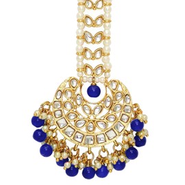 Aheli Faux Kundan Maang Tikka Matha Patti Joyería tradicional india de Bollywood para mujeres y niñas (azul)