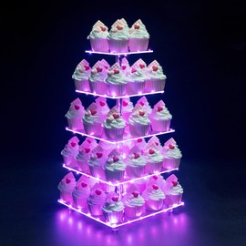OLACHIKKO Cupcake Stand, 5-Tier Square Cupcake Holder with LED Light String, Acrylic Cupcake Tower Display-Dessert Tower-Pastry Stand-Cupcake Tier Stand for Wedding, Birthday Party (Pink Light)