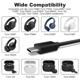 USB C Charger Charging Cable Compatible with JBL Tune 720BT, Tune 770NC, Tune 520BT, Tune 510BT, Tune 760NC, Live 670NC, Tune 660NC, Tune 125, Tune 225, Tune 130NC, Tune 230NC Headphones (5 FT)