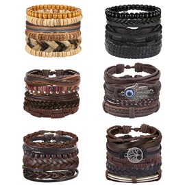 Kakonia 30PCS Braided Leather Bracelets for Men Women Wrap Wood Beads Bracelet Woven Ethnic Tribal Rope Wristbands Bracelets Set Adjustable