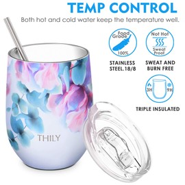 THILY Vacuum Insulated Stemless Wine Tumbler 12 oz Stainless Steel Wine Tumbler with Lid and Straw, Keeps Drinks Cold or Hot, Christmas Birthday Gift, Pack of 2 (Pink Lily + Blue Maple)