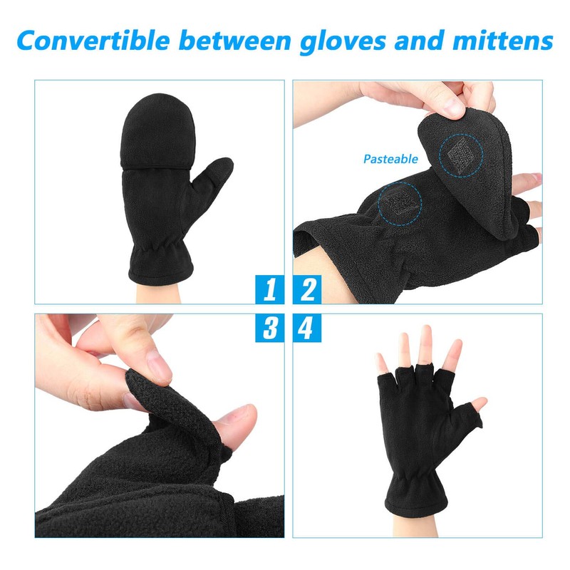 OZERO Winter Fingerless Gloves: Flip Top Convertible Mittens Thermal Windproof