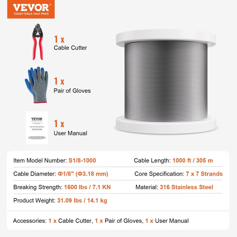 VEVOR 1/8 Stainless Steel Cable, 1000 FT 316 Cable Railing