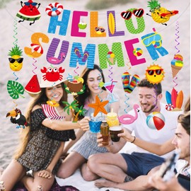 Summer Party Decorations, NO-DIY Summer Decorations includes Hello Summer Banner and Beach Party Decorations Hanging Swirls, Summer Decorations For Home Office Classroom