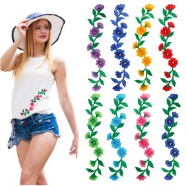 GOKEPO 8 Pcs Long Flower Embroidered Patches Peony Flower Iron on Patches Floral Trimming Decorative Embroidered Applique Sewing Patches for Clothing Bags Jackets Jeans Shoes DIY Craft Decoration