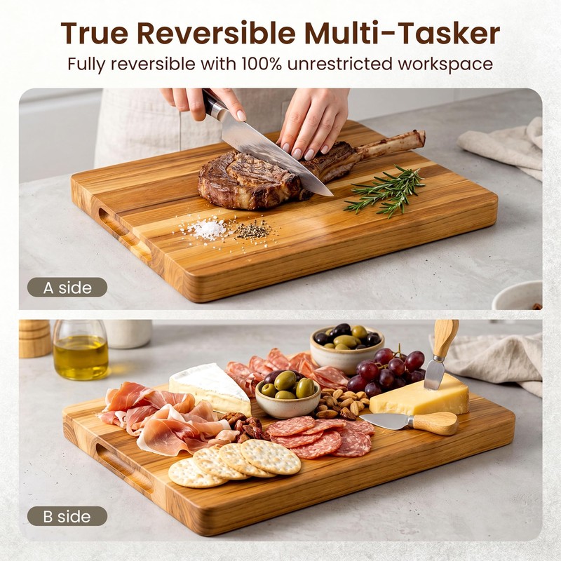 RealGulf 24x18 Teak Butcher Block, Oversized Reversible Cutting Board