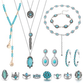 Florideco Bohemian Turquoise Jewelry for Women Men Western Turquoise Set Western Adjustable Belt Rings and Necklace Vintage Turquoise Drop Earrings Bracelet Western Boho Turquoise Jewelry for Women