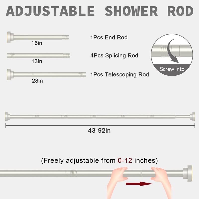Thestoa Brushed Nickel Shower Curtain Rod Adjustable 43-92 inch, 1"Diameter