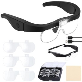 Headband Magnifying Glass, Rechargeable Head Magnifier Glasses with 2 LED Lights, 4 Detachable Lenses (1.5X-2.5X-3.5X-5X) for Reading, Jewelry Crafting, and Precision Work