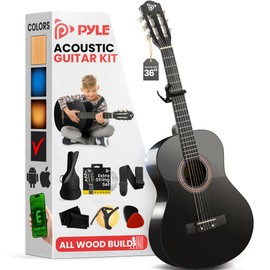 Pyle Beginner Acoustic Guitar Kit, 36" 3/4 Junior Size All Wood Build, Nylon Strings, Capo, Gig Bag, Strap, Extra String Set, Guitars for Adults and Youth, Black Gloss