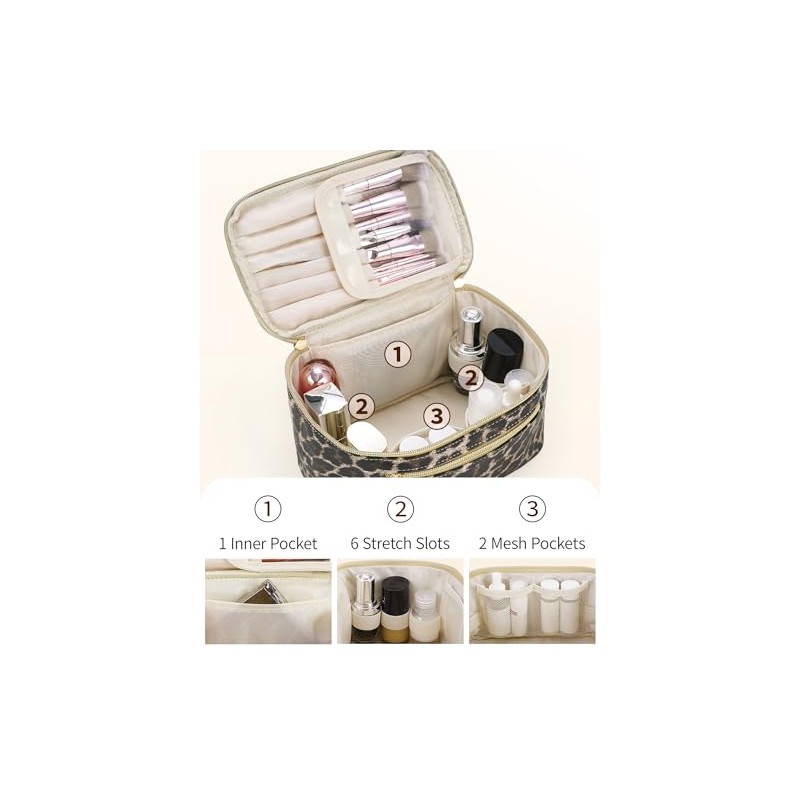 Travel Makeup Bag, Large PU Leather Cosmetic Case with Brush
