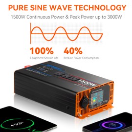 WDYMODAT 1500W Pure Sine Wave Inverter, Car Power Inverter 12V to 110V 120V, DC to AC Converter Generator with AC Outlets 3.0A USB Type-C, Remote Controller LCD Display Truck Inversor for Vehicles, RV