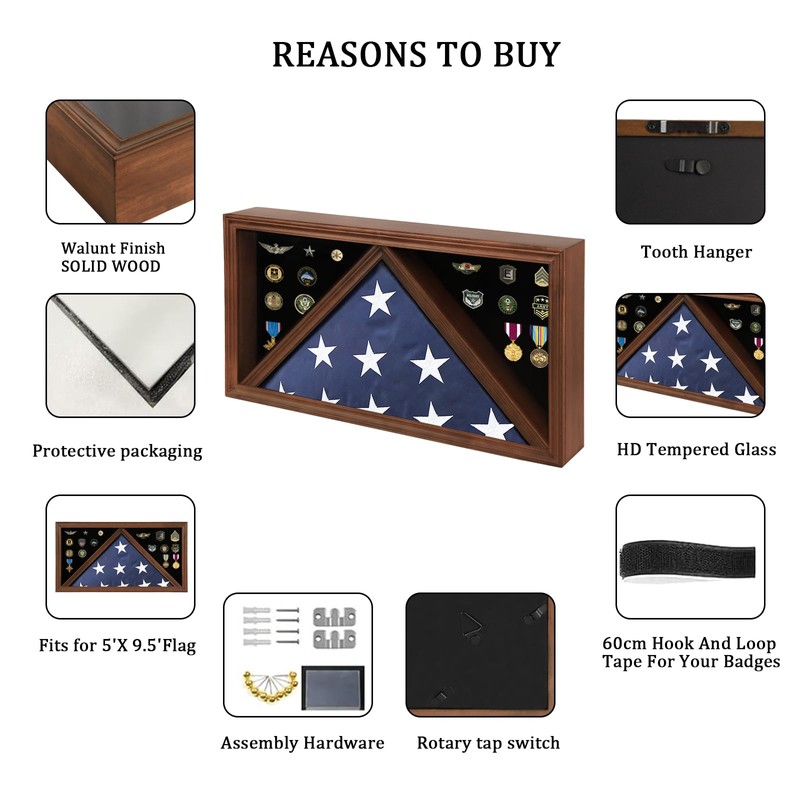 Large American Veteran Flag Display Case Solid Wood Memorial Flag