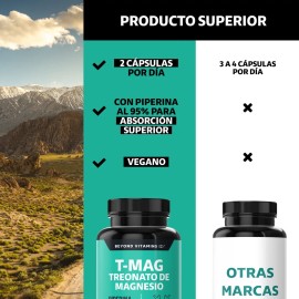T-mag L- Treonato Magnesio, Magnesio Y Acerola | Alta Absorción Con Piperina Al 95% | Magnesium Threonate | Pimienta Negra Sin Azúcar - Suplemento Alimenticio Vegano Beyond Vitamins - 60 Cápsulas