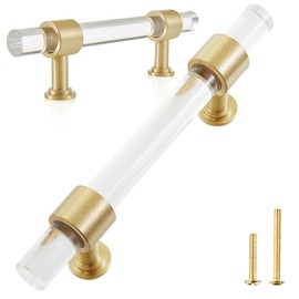 QOGRISUN 5-Pack Acrylic Cabinet Pulls with Brass Base, Gold Modern Drawer Handles, 3-inch Hole Center for Kitchen, Dresser Drawer Clear Glass Crystal Pulls, 5.1-inch Total Length