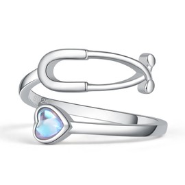 BEILIN Stethoscope Rings for Women 925 Sterling Silver Adjustable Heart Moonstone Ring Nurse Doctor Jewelry Graduation Gifts for Medical Student (Moonstone)