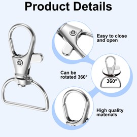 Pack of 30 Rotating Lobster Clasps, Premium Clip Lobster Keyring, Inner Width 25 mm, Lobster Clasps with D-Ring Hook, Carabiner Clasp, Metal D Lanyard
