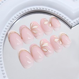 24 Pcs Pink Press on Nails Short Almond with Flower Gold Line Glitter Designs White French Tip False Nails Glue on Nails Spring Summer Floral Full Cover Acrylic Nails Stick on Nails for Women
