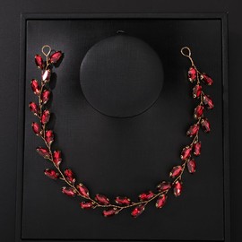 Teyglen Bride Wedding Crystal Hair Vine Full Red Crystal Headband - Bridal Hair Accessories Wedding Headpiece Handmade Rhinestone Hair Piece for Women Girls (Wine Red)
