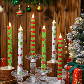 Baquler 6 Pcs Christmas Flameless Taper Candles 10.6 Inch Elf Theme Candles Battery Operated LED Christmas Candlesticks for Xmas Centerpiece Holiday Party Decor
