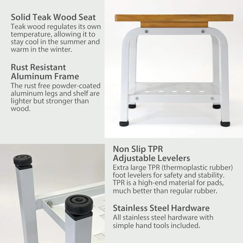 Anthology Spa Maya Shower Bench Teak & Aluminum Bath Stool